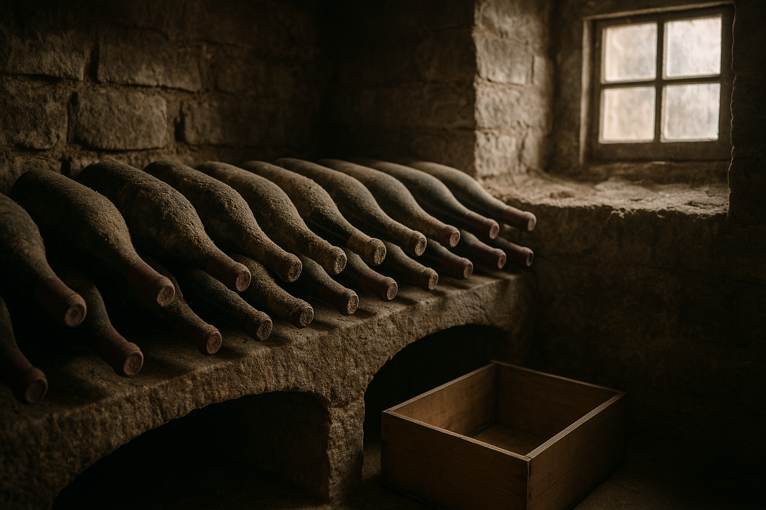 Bouteilles de Bourgogne poussiéreuses couchées dans une cave, différents millésimes en garde