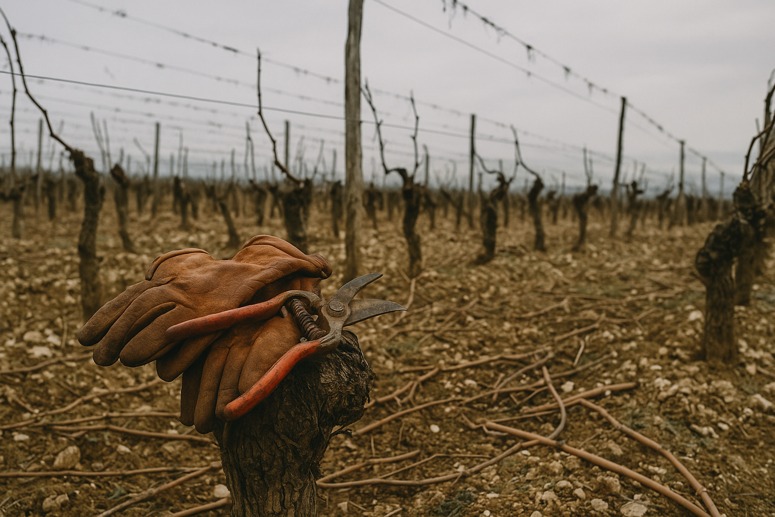 Secateur et gants de vigneron poses sur un cep taille dans une vigne de Bourgogne en hiver